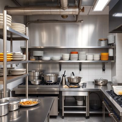 Professional kitchen with stainless steel shelves