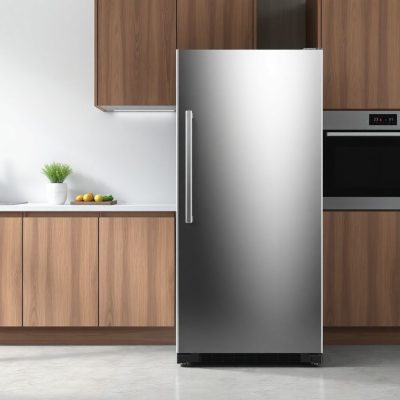 Modern kitchen with a stainless steel freezer.