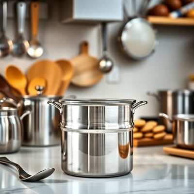 A modern kitchen with stainless steel cooking tools.