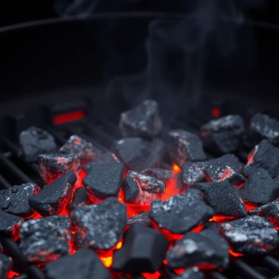 Burning charcoal in a grill