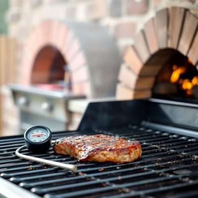 Grilling steak with a thermometer