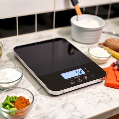Digital kitchen scale with ingredients