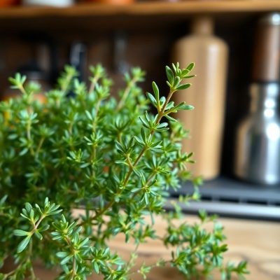 Thyme sprigs on a wooden table