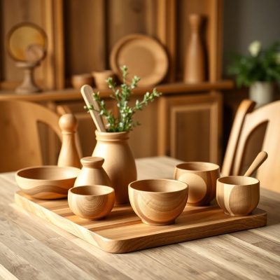 Elegant wooden kitchenware on a dining table
