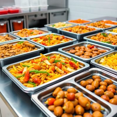 Food presentation using gastronorm trays and drip trays.