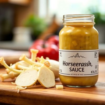 A close-up of horseradish root and sauce