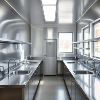 A well-organized stainless steel kitchen