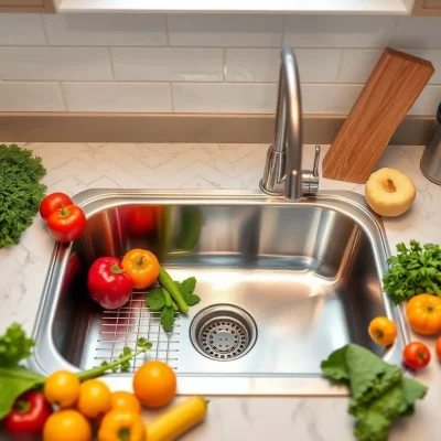 כיור מטבח עם ברז גבוה וירקות על המשטח ובתוך הקערה