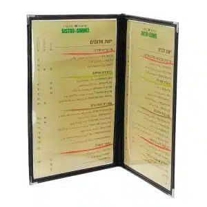 אוגדן שקוף כפול לתפריט A4 להצגת 4 עמודים בצבע שחור חום או אדום - שחור