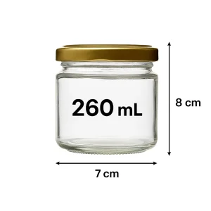 צנצנת זכוכית נמוכה 260 מ״ל עם מידות