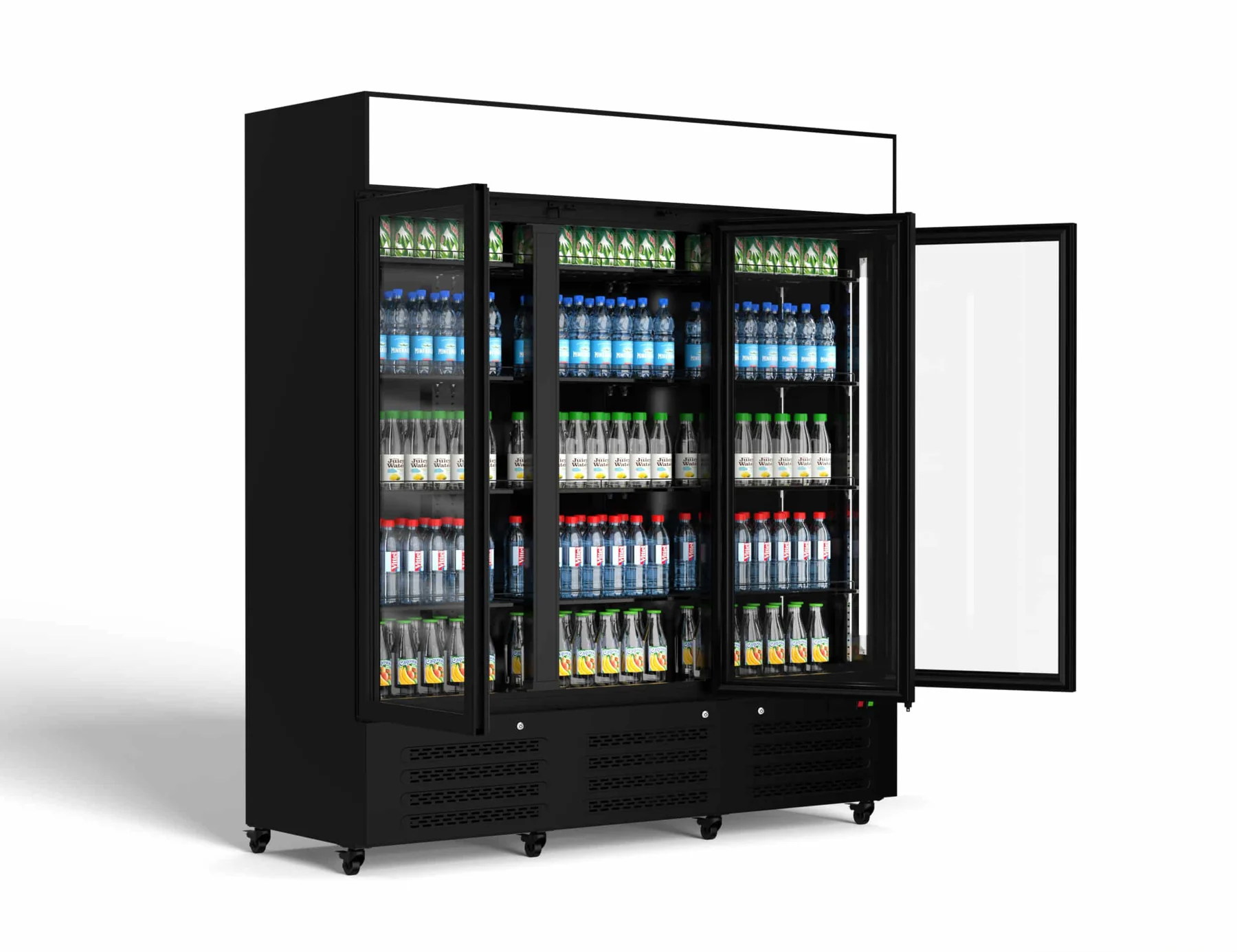 מקרר ויטרינה RF-1390PS עם שלוש דלתות זכוכית פתוחות במבט זוויתי