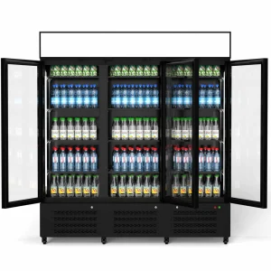 מקרר ויטרינה RF-1390PS עם שלוש דלתות זכוכית פתוחות במבט חזיתי