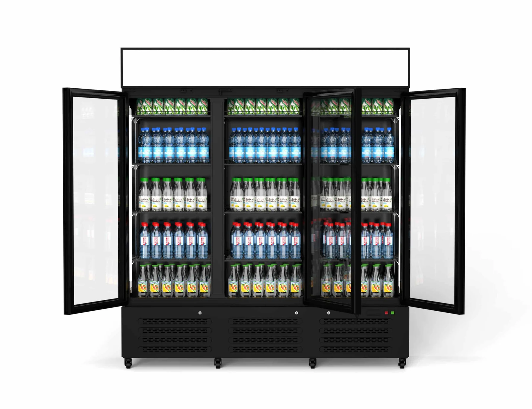 מקרר ויטרינה RF-1390PS עם שלוש דלתות זכוכית פתוחות במבט חזיתי
